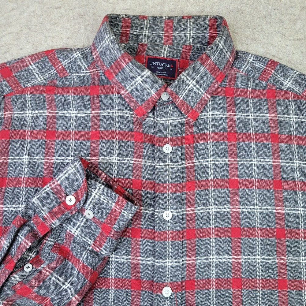 Untuckit Flannel Shirt Mens Medium Gray Red Plaid Long Sleeve Button Up Preppy